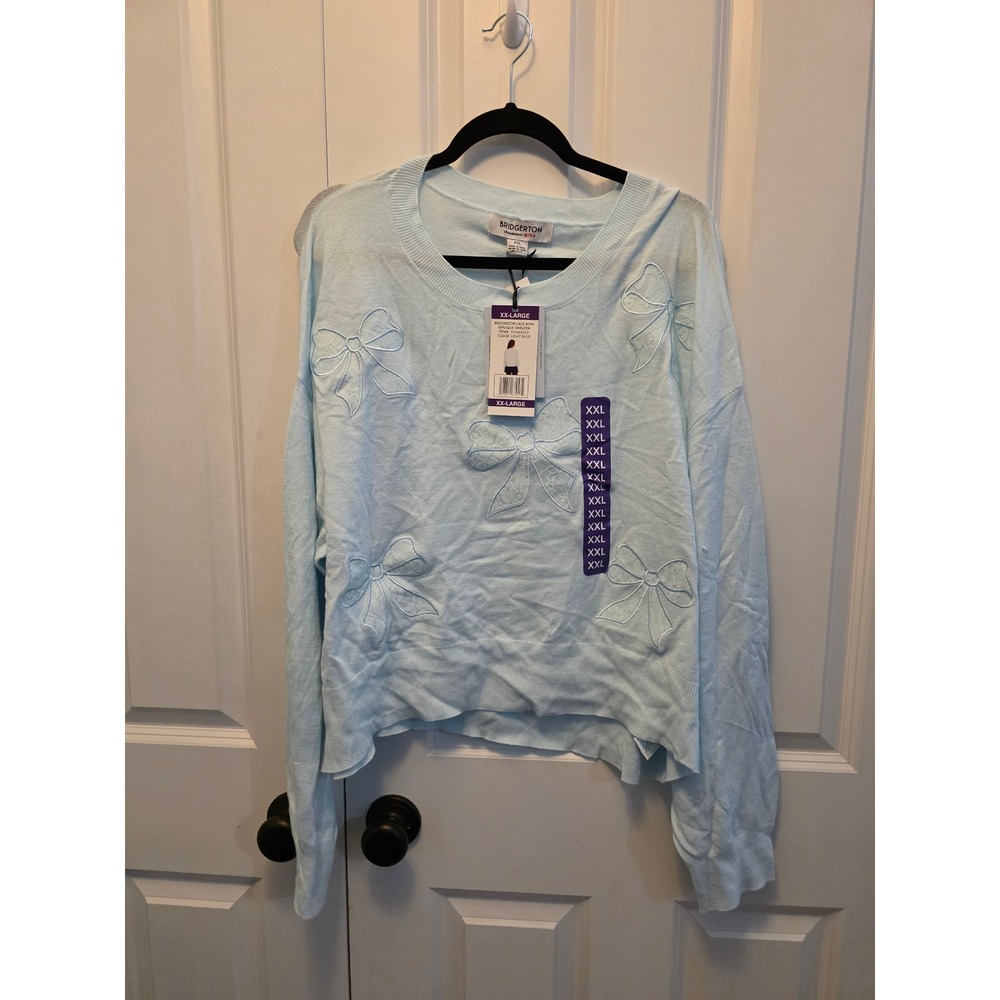 Bridgerton Netflix Lace Bow Applique Sweater Light Blue XXL NWT